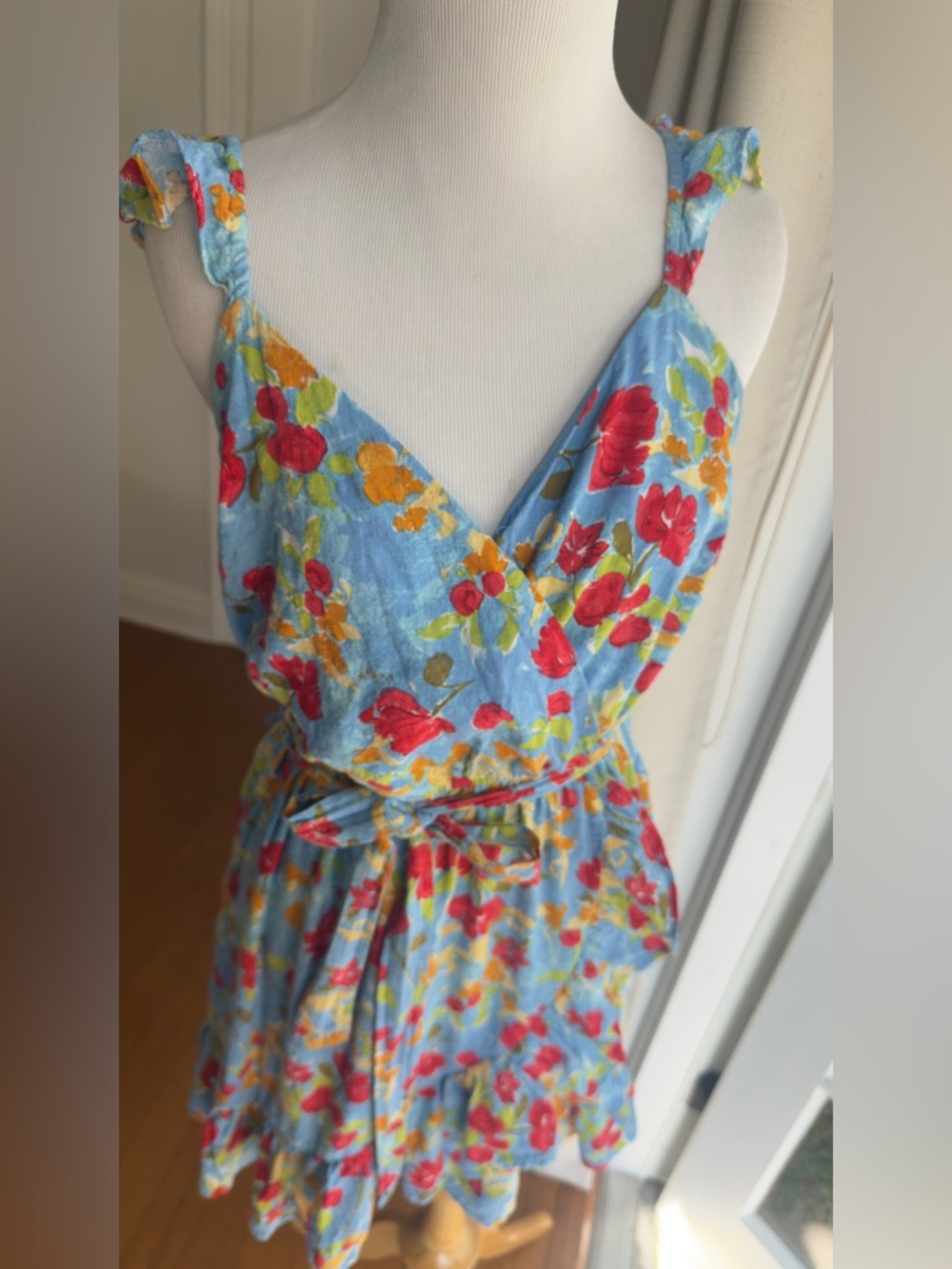 LC Lauren Conrad Light Blue Floral Dress with Red & Yellow floral Accents - Picture 2 of 6